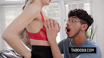 Blonde stepmom let stepson play and fuck her big tits