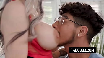 Blonde stepmom let stepson play and fuck her big tits