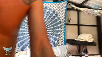 Fucking and making stepbrother cum on himself with my big ass red lingerie and black cap