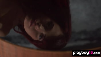 Tiny redhead teen muse taking off her fancy blue lingerie