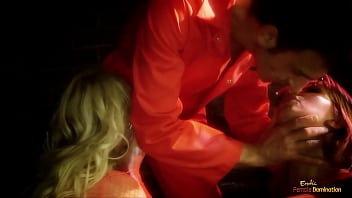 Blonde security guards got horny while watching a guy in jail so they started sucking on his delicious pecker together before taking turns getting their pussies fucked hard