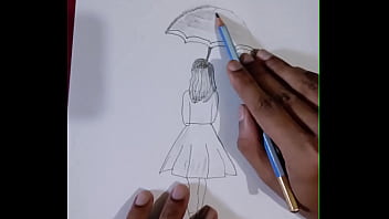 Pencil sketching charming girl with umbrella drawing step by step art creativity for you enjoy it