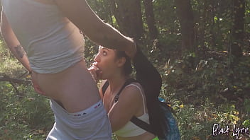 Forest quickie for horny booty teen hiker outdoor blowjob doggy and cum on ass