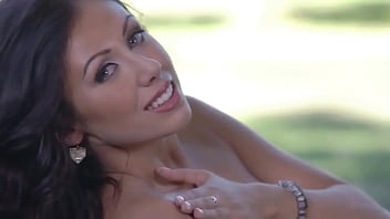 Naked beauty with big boobs shows shaved pussy