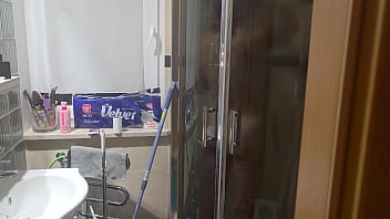 Huge cumshot on her face after shower she took cum from blowjob