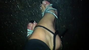 Walking in the rain with sexy stilettos and nylons