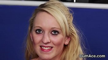 Sexy model gets jizz shot on her face sucking all the cum