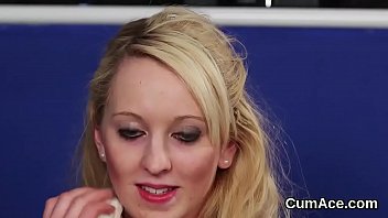 Sexy model gets jizz shot on her face sucking all the cum