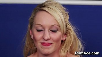 Sexy model gets jizz shot on her face sucking all the cum