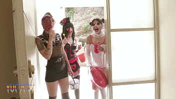 Halloween party with mina k maily presly and camila smith assfucked together in hot 3 on 3 anal piss drinking