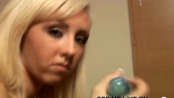 Naive horny blonde teen practicing playing on dildo with webcam on