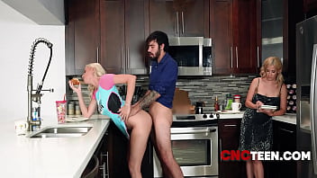 Blonde standing doggystyle while making grocery list