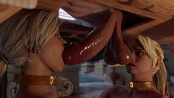 Queen gets her big cock worshiped by some sexy slave girls