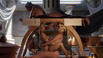 Queen gets her big cock worshiped by some sexy slave girls