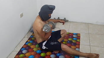 The athletic male does his aerobics routine and shows off his small flacid penis he should be ashamed of having a stunning ugly penis