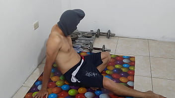 The athletic male does his aerobics routine and shows off his small flacid penis he should be ashamed of having a stunning ugly penis