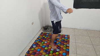 The athletic male does his aerobics routine and shows off his small flacid penis he should be ashamed of having a stunning ugly penis