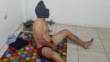 The athletic male does his aerobics routine and shows off his small flacid penis he should be ashamed of having a stunning ugly penis