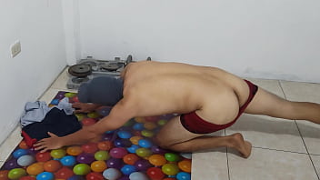 The athletic male does his aerobics routine and shows off his small flacid penis he should be ashamed of having a stunning ugly penis