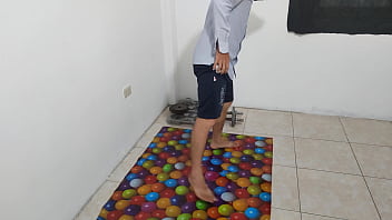 The athletic male does his aerobics routine and shows off his small flacid penis he should be ashamed of having a stunning ugly penis