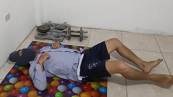 The athletic male does his aerobics routine and shows off his small flacid penis he should be ashamed of having a stunning ugly penis