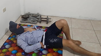 The athletic male does his aerobics routine and shows off his small flacid penis he should be ashamed of having a stunning ugly penis