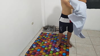 The athletic male does his aerobics routine and shows off his small flacid penis he should be ashamed of having a stunning ugly penis