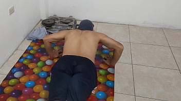 The athletic male does his aerobics routine and shows off his small flacid penis he should be ashamed of having a stunning ugly penis