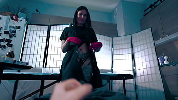 Sexy nurse in latex gloves helped her patient collect a semen analysis