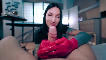 Sexy nurse in latex gloves helped her patient collect a semen analysis