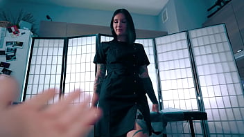 Sexy nurse in latex gloves helped her patient collect a semen analysis