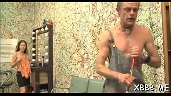 Staggering woman bounces on hard sausage