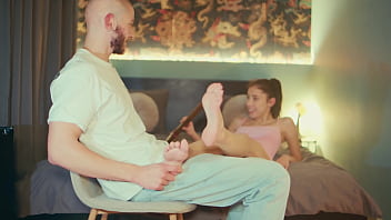 Italian skinny slut oils cock for nasty footjob & deepthroat bj