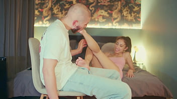 Italian skinny slut oils cock for nasty footjob & deepthroat bj