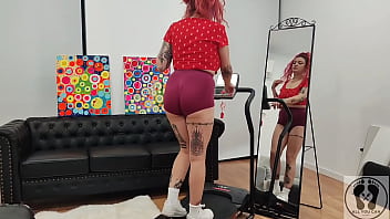 Treadmill chubby girl exersices short tights big ass