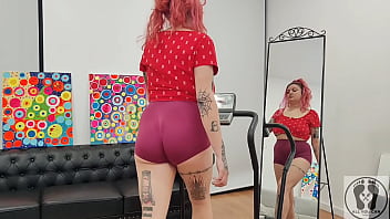 Treadmill chubby girl exersices short tights big ass