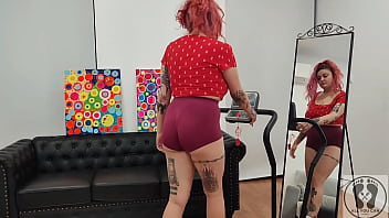Treadmill chubby girl exersices short tights big ass