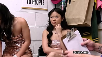 Surprise threesome for the mall cop with two slutty asians