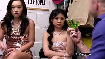 Surprise threesome for the mall cop with two slutty asians