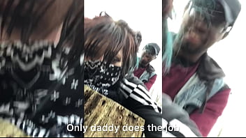 Emo slut gets fucked on tree stump in public