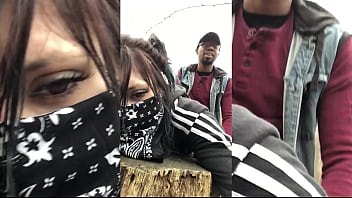 Emo slut gets fucked on tree stump in public