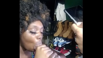 Darkchocolatebarbie dancing and sucking a bbc until it bust all over her face and afro