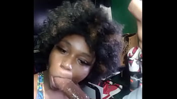 Darkchocolatebarbie dancing and sucking a bbc until it bust all over her face and afro