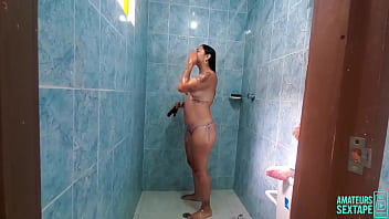Amateur sex cute student with beautiful small tits masturbating her pink pussy in the shower before going to class