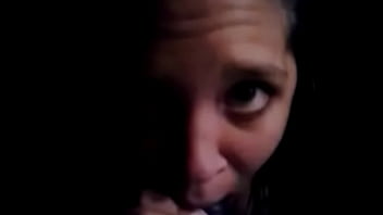 She blows and deepthroats a big purple dildo