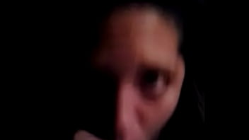 She blows and deepthroats a big purple dildo