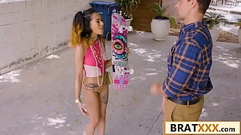 Petite skater girl seduces stepdad for a rough pound on the couch