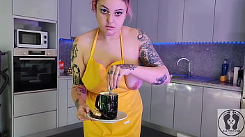 Chubby waitress masturbates in the kitchen wearing an apron