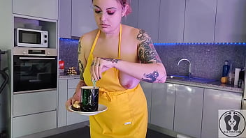 Chubby waitress masturbates in the kitchen wearing an apron
