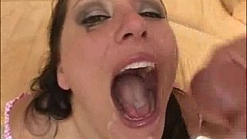 Brunette licks ass with bukkake mass cum swallow